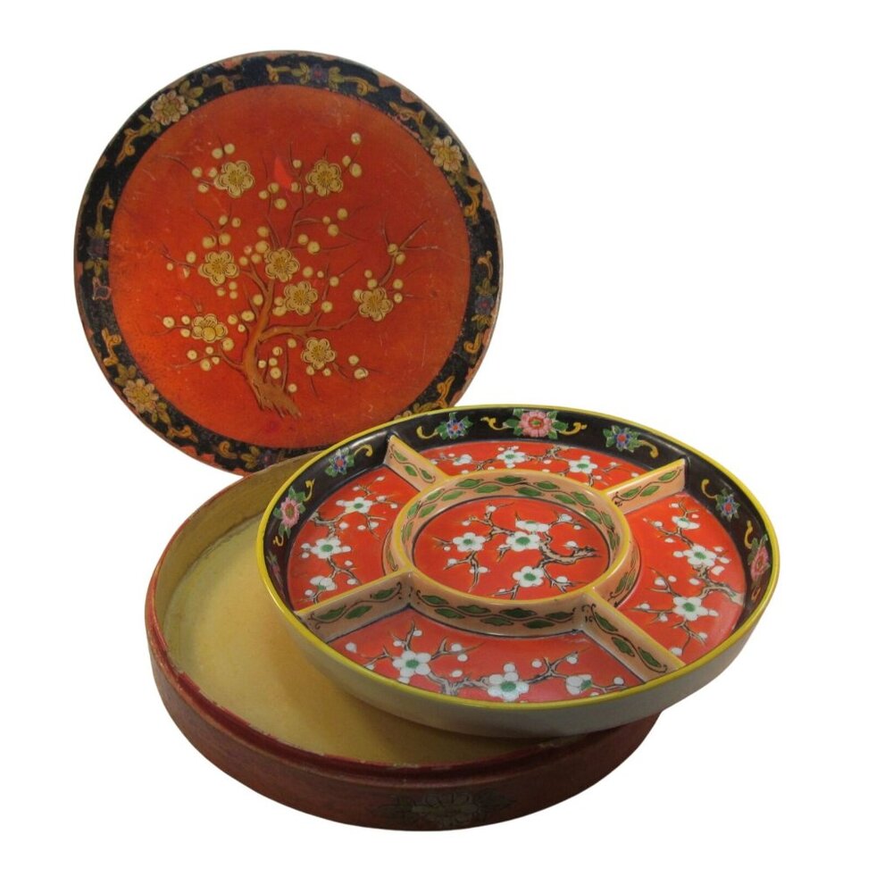 Vintage Moriyama Orange Floral Serving Dish in Original Wood Box Made in Japan